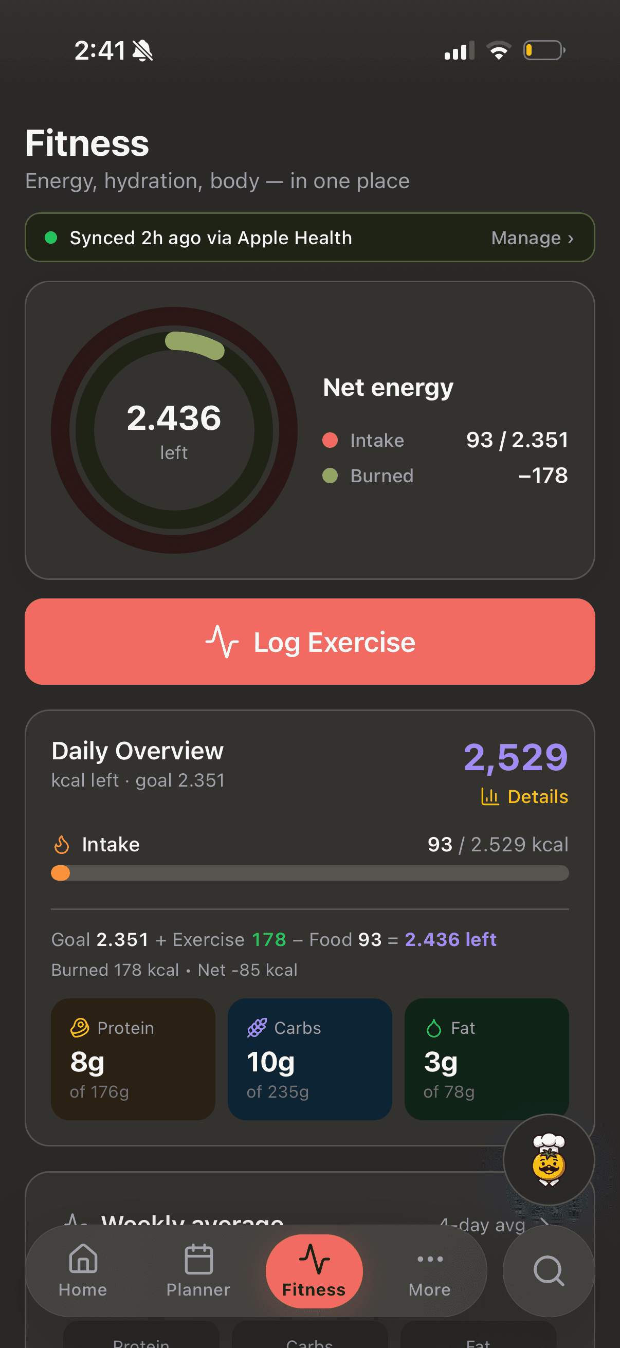 CuocoMitra Fitness screen: a net-energy ring showing intake minus exercise, dark mode