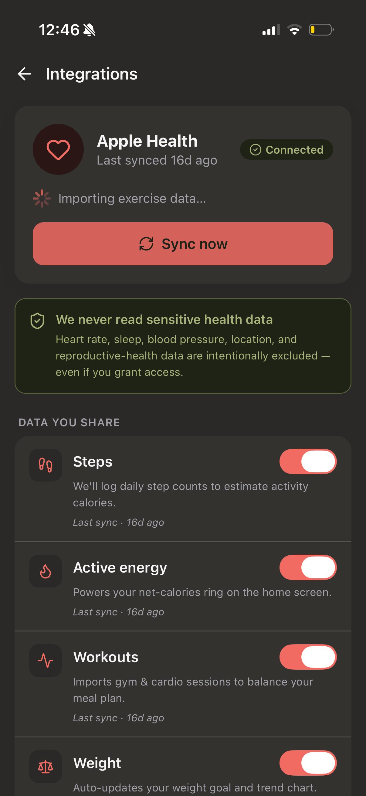 CuocoMitra Integrations screen: Apple Health connected with per-data-type sync toggles, dark mode