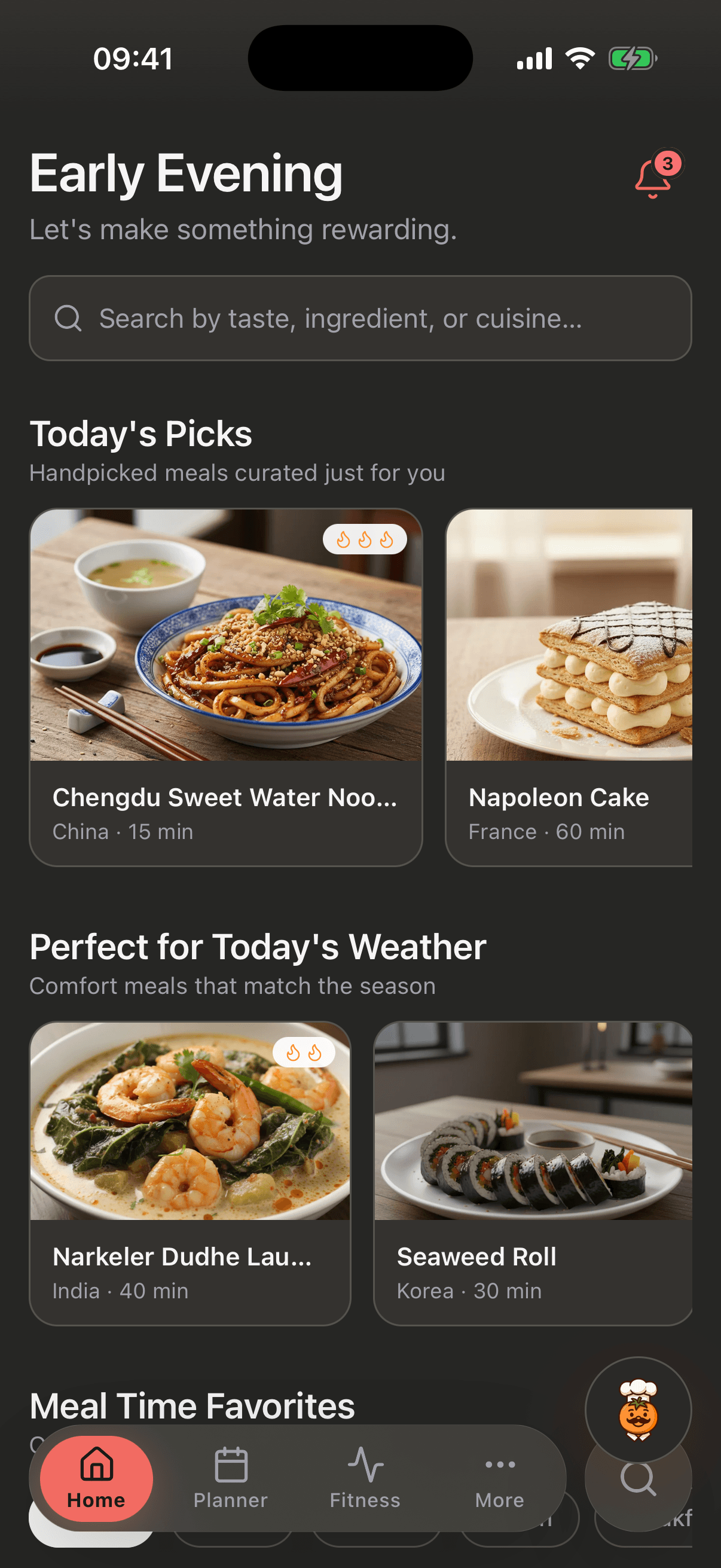 CuocoMitra home screen: personalized meal picks with food photos, dark mode