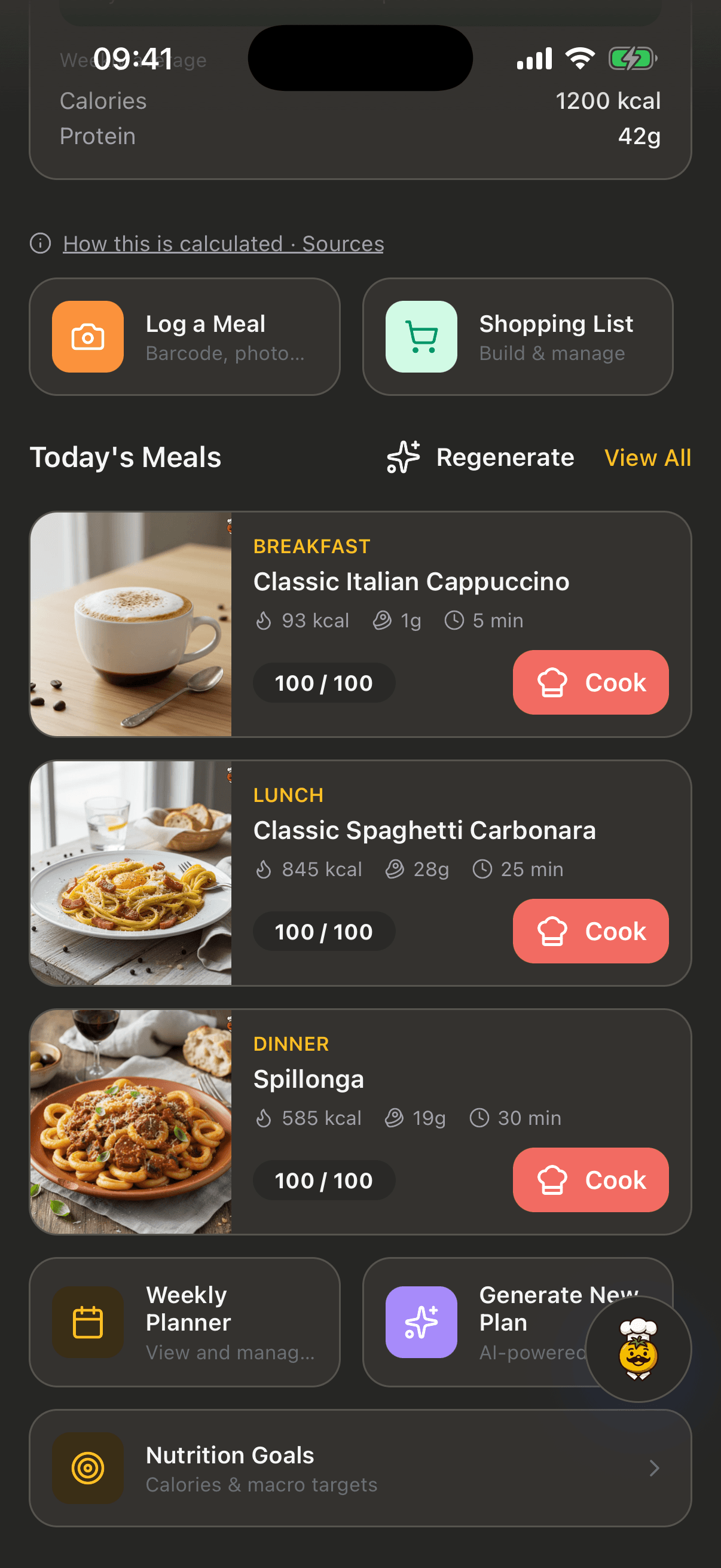CuocoMitra daily meal plan: breakfast, lunch and dinner with macros and a one-tap Cook button, dark mode