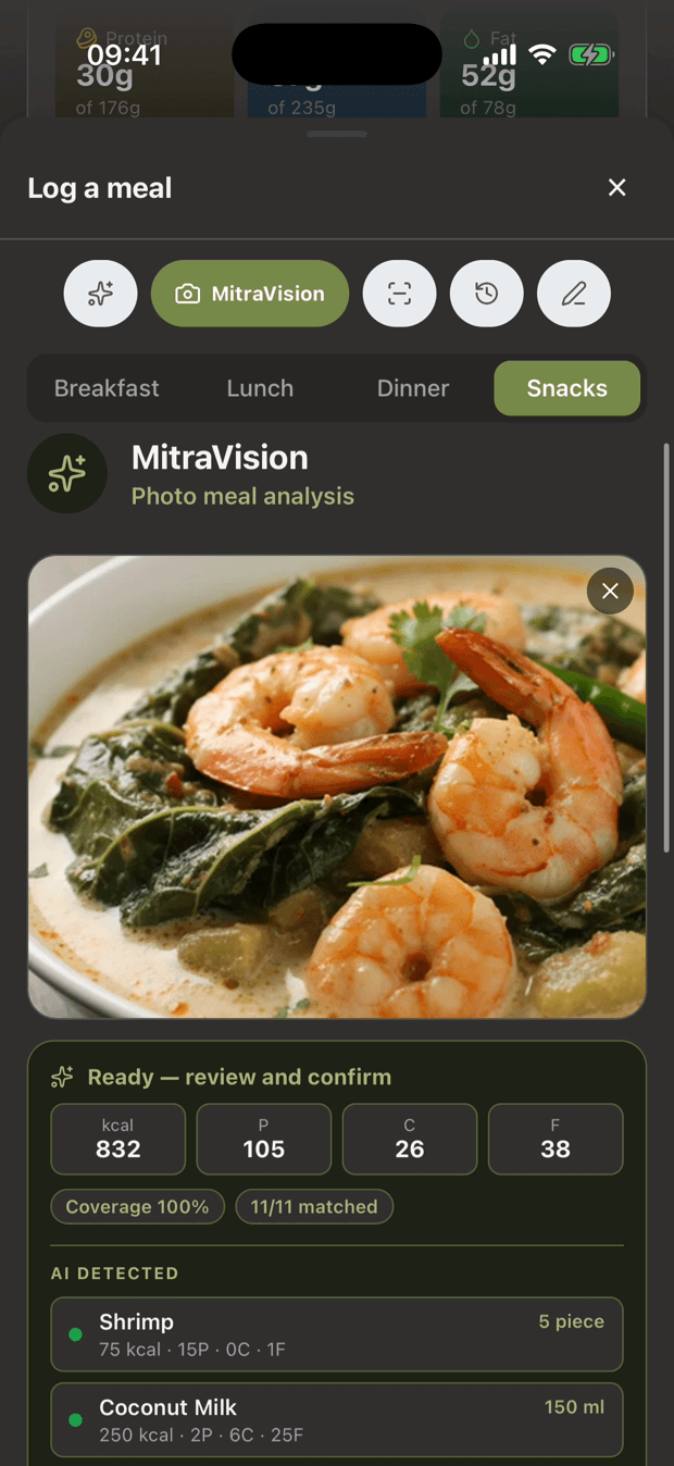 MitraVision analyzing a meal photo into ingredients with per-item macros, dark mode