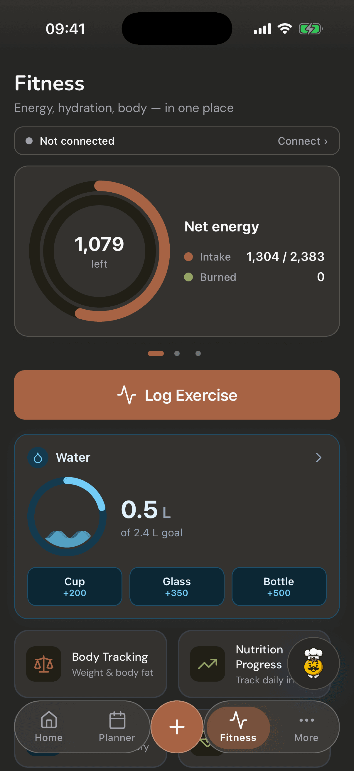 CuocoMitra Fitness screen: a net-energy ring showing intake minus exercise, dark mode