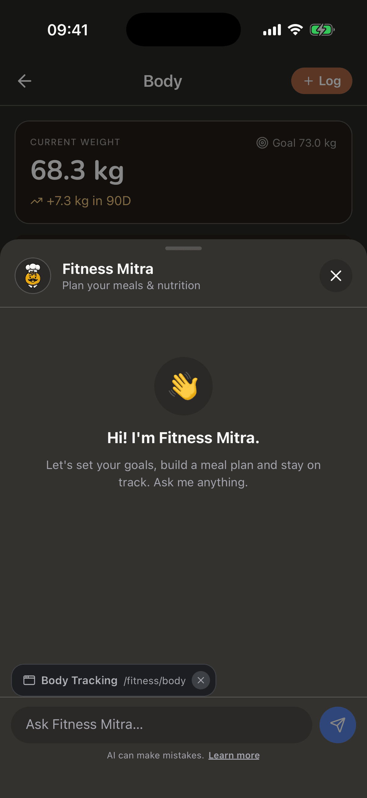 Fitness Mitra chat sheet attached to the Body Tracking screen it was opened from, dark mode