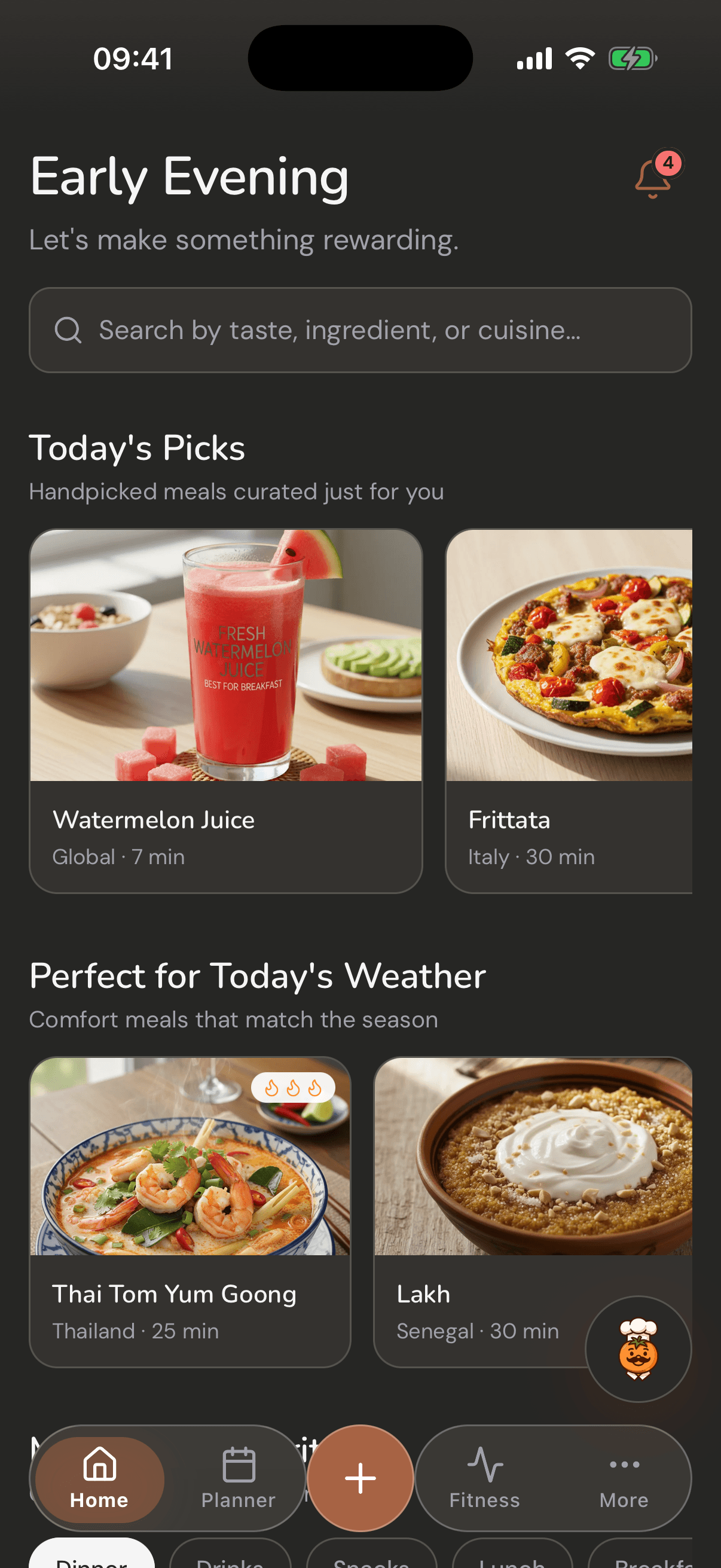 CuocoMitra home screen: personalized meal picks and weather-matched comfort meals, dark mode