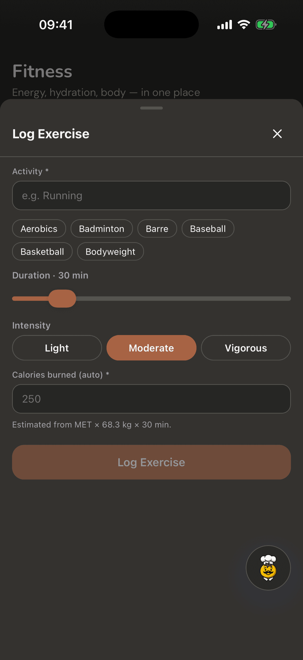 CuocoMitra Log Exercise sheet: activity chips, duration slider and an automatic calorie estimate, dark mode