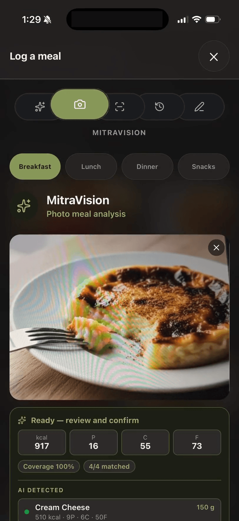 MitraVision logging a meal from one photo: snap, AI ingredient analysis with macros, confirm and it’s logged, dark mode