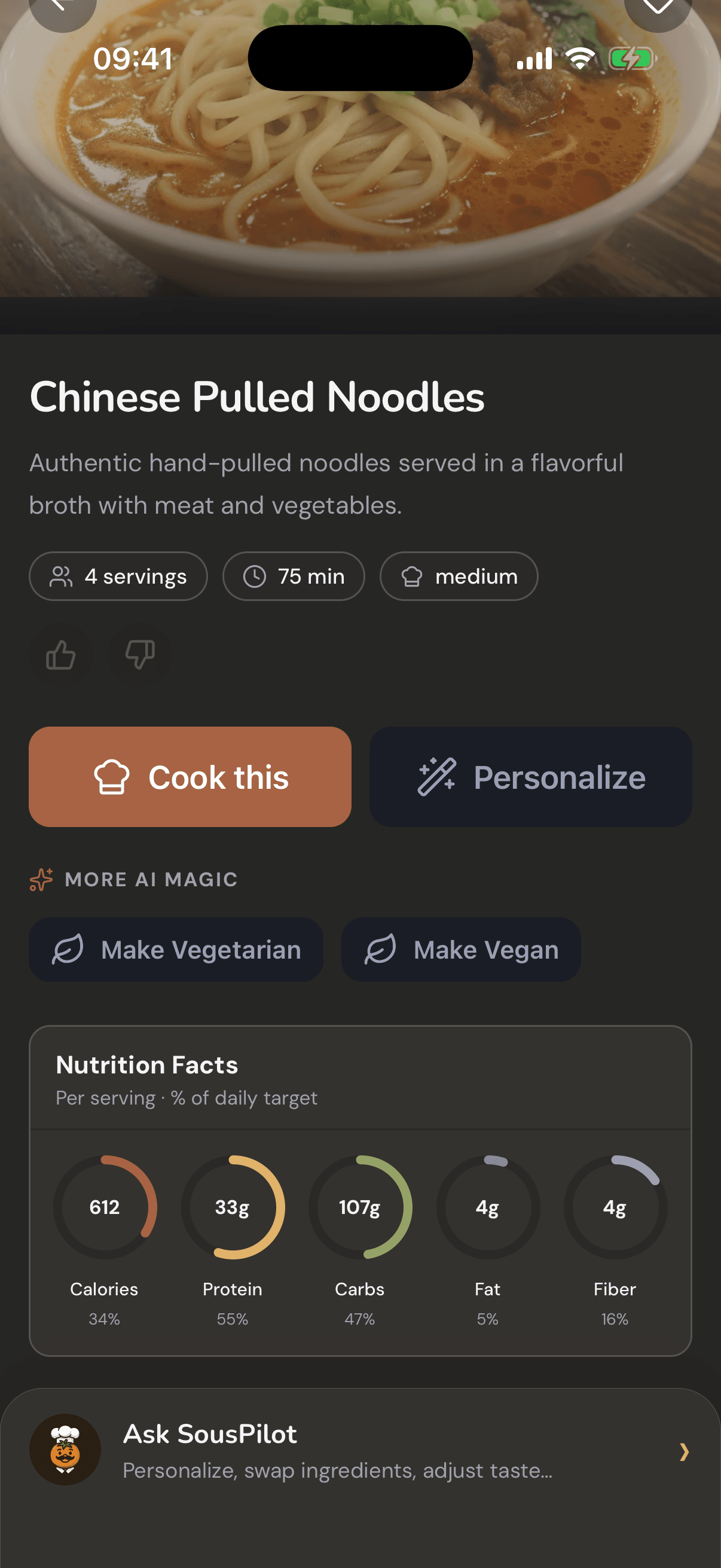 CuocoMitra recipe screen: photo hero, nutrition rings, Cook this and Personalize buttons, dark mode