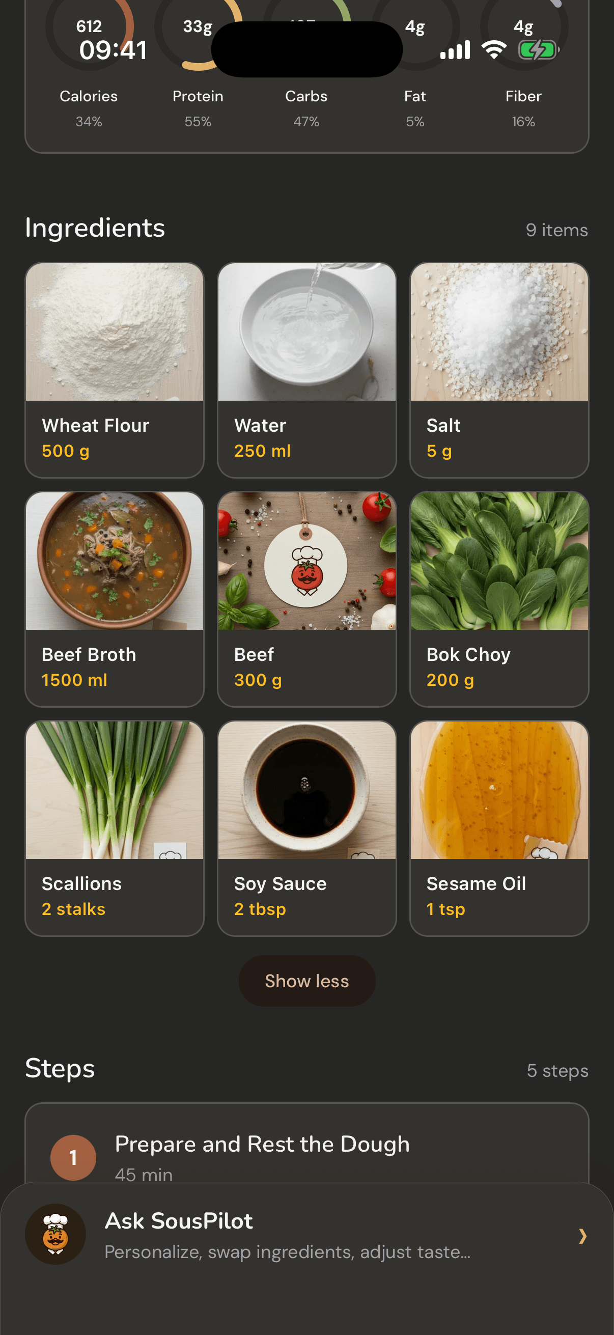 CuocoMitra recipe ingredients: photo cards with amounts, plus step-by-step instructions, dark mode