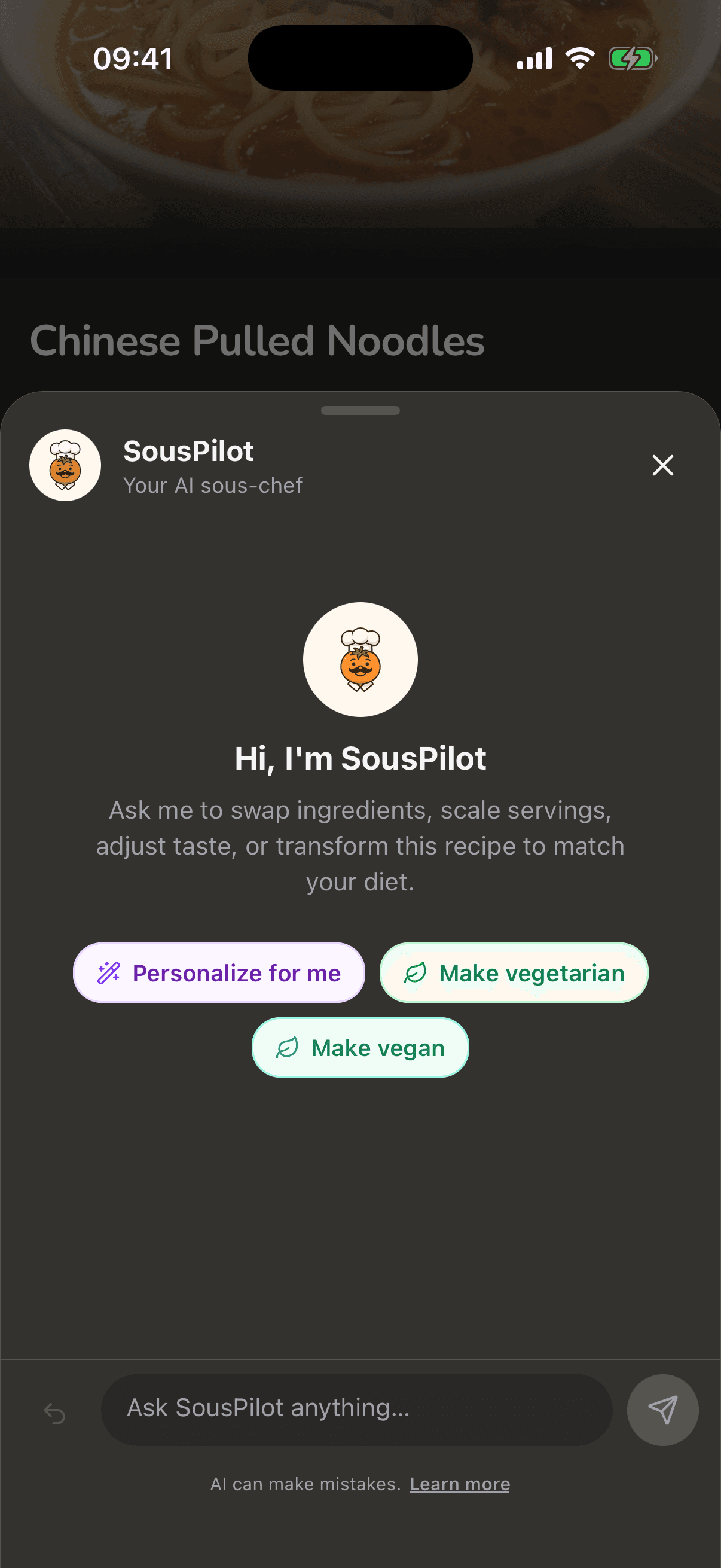 SousPilot AI sous-chef sheet with Personalize for me, Make vegetarian and Make vegan actions, dark mode